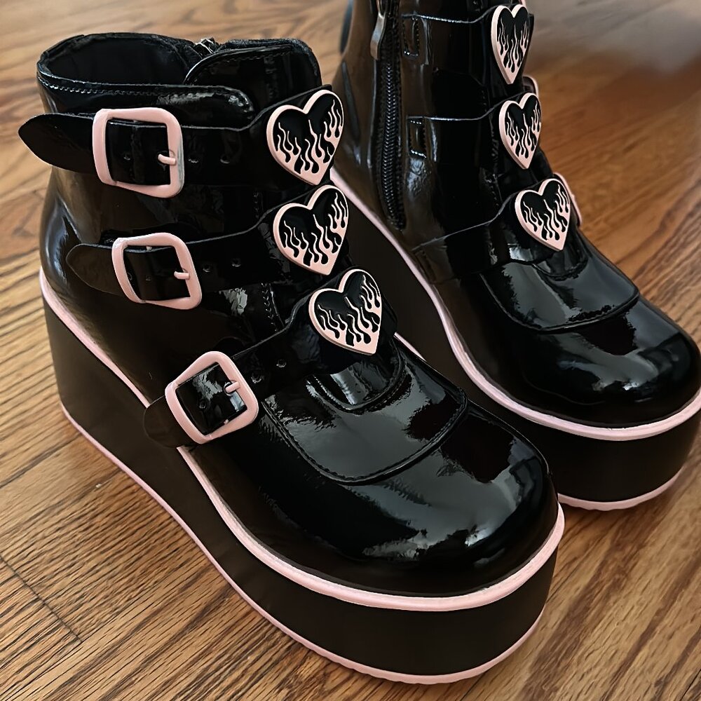 LUCKY STEP Women’s Platform Chunky Ankle Boots – Black & Pink, Size 6